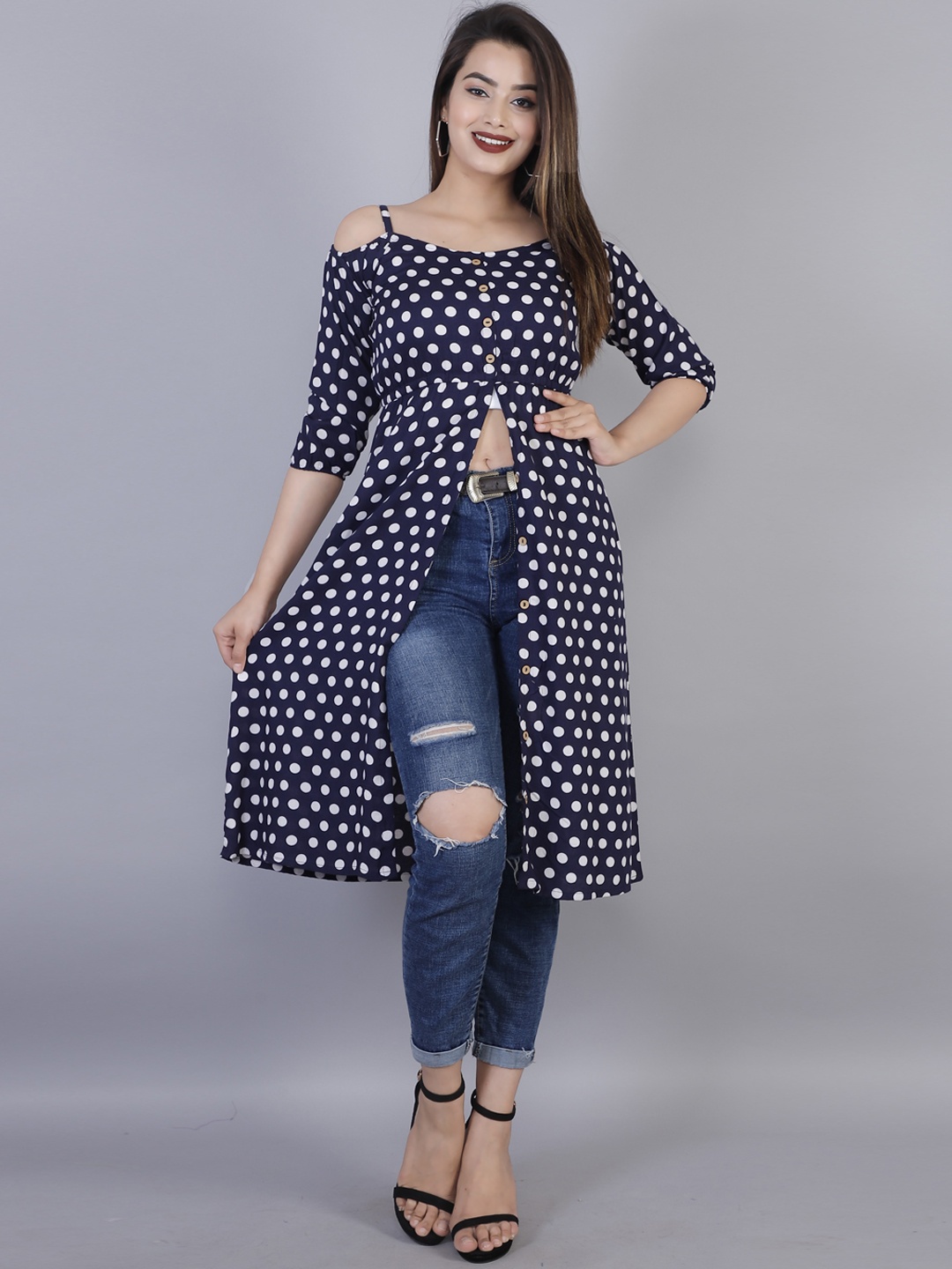 

KALINI Women Blue Geometric Printed Cold-Shoulder Sleeves Thread Work Kurta