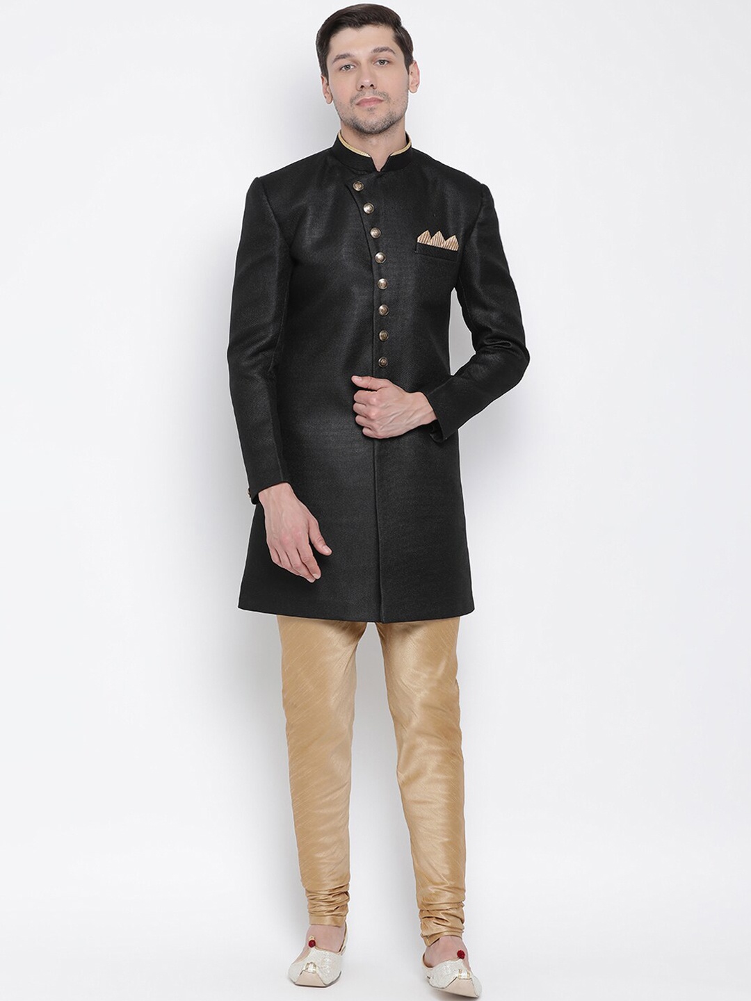 

VASTRAMAY Men Black & Rose Gold Angrakha Style Sherwani Set