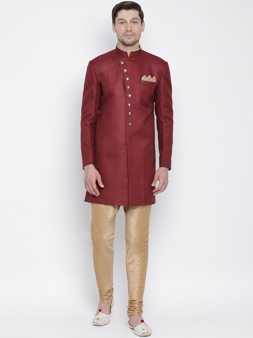 

VASTRAMAY Men Maroon And Rose Gold Colored Solid Sherwani Set