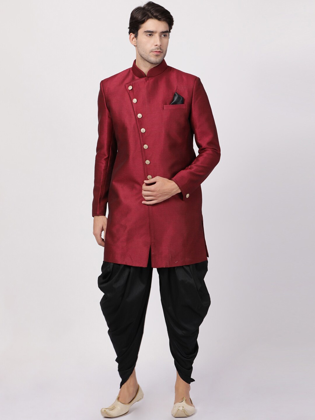 

Vastramay Men Maroon & Black Angrakha Sherwani Set