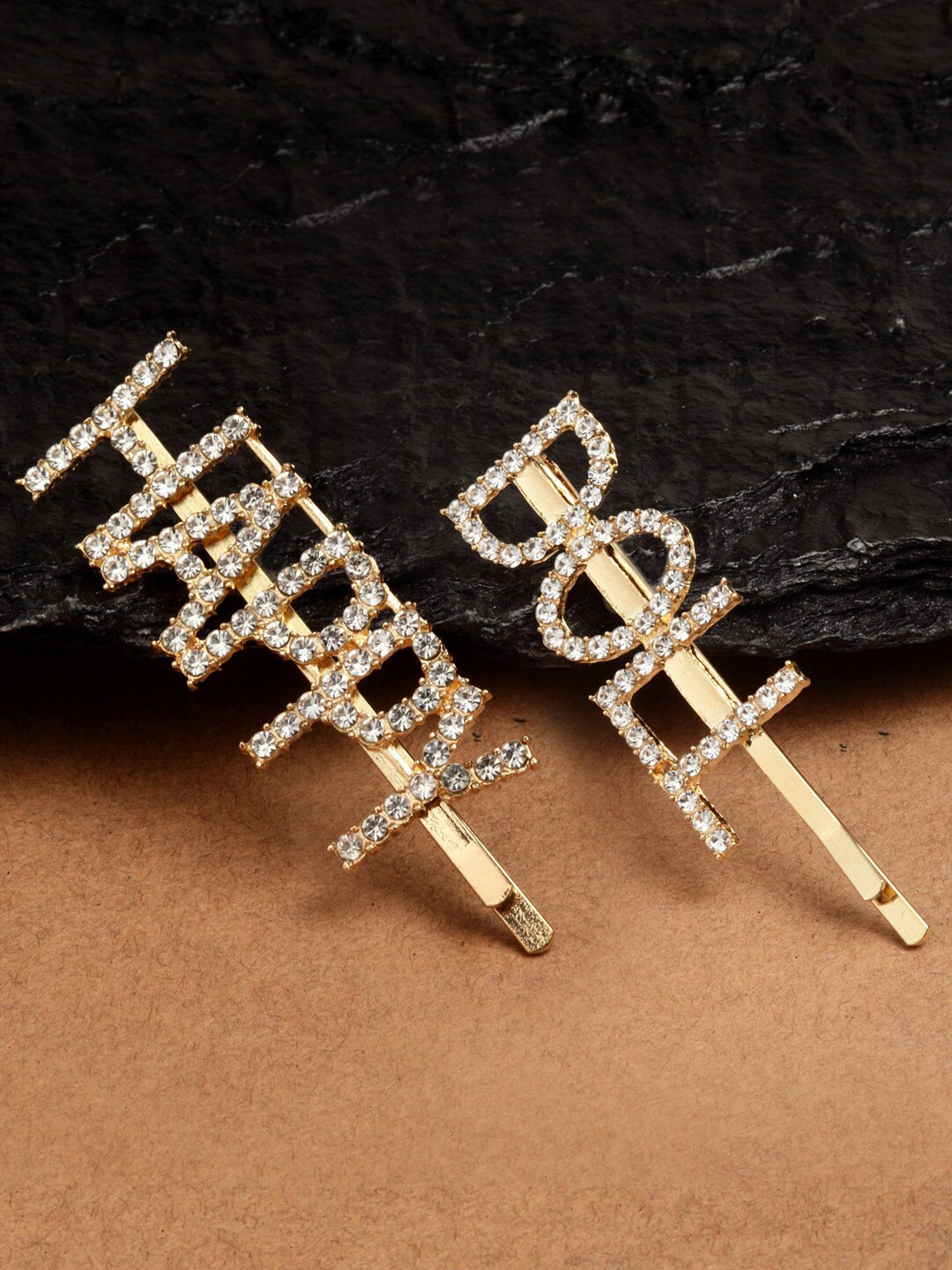

Ferosh Women Set of 2 Gold-Toned & White Embellished Bobby Pins
