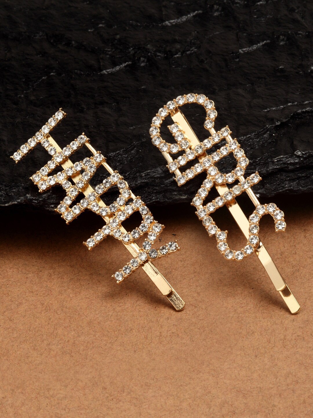 

Ferosh Women Set of 2 Gold-Toned & White Embellished Bobby Pins