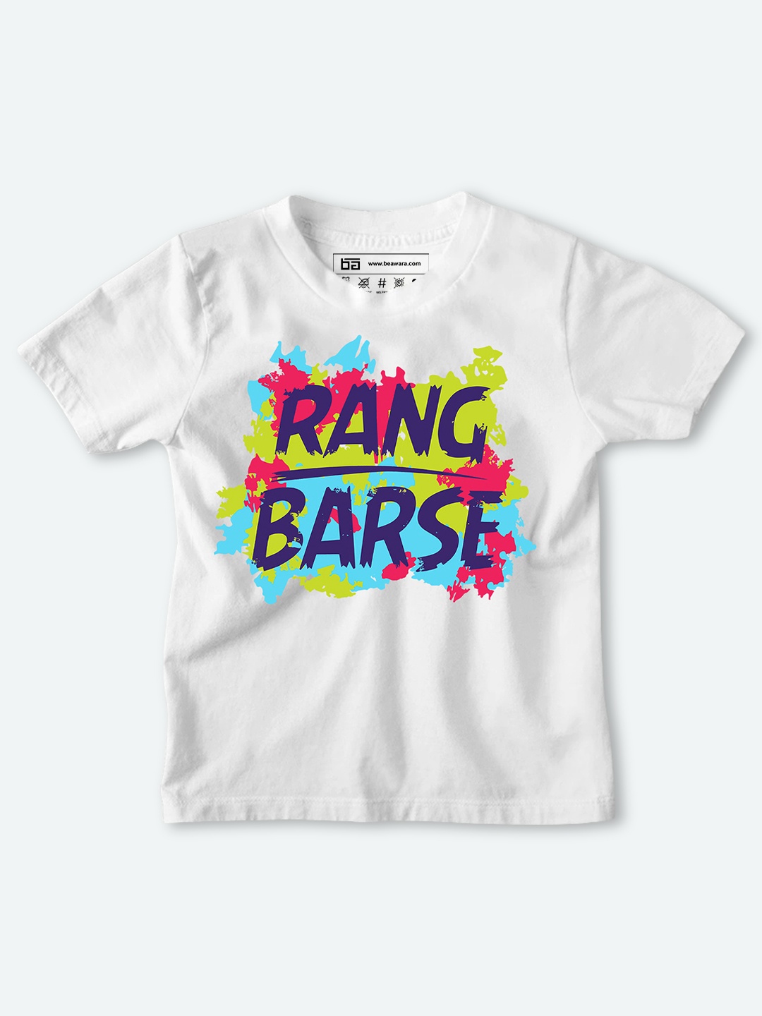 

BE AWARA Kids White & Blue Typography Printed Holi Cotton T-shirt