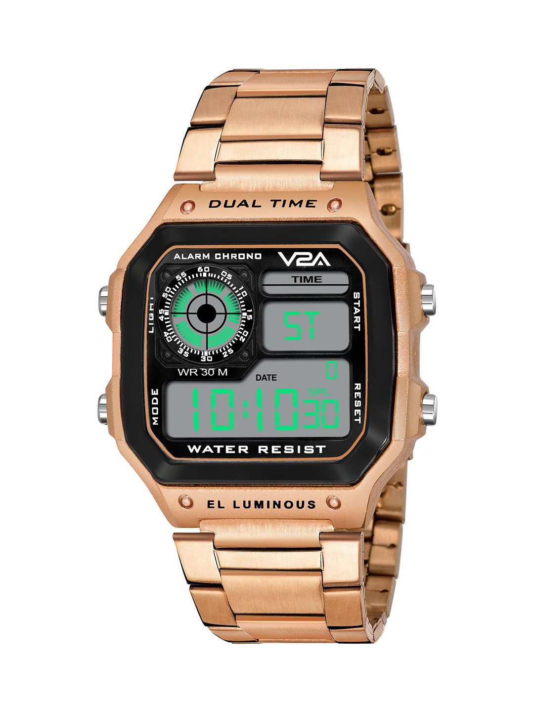 

V2A Men Rose Gold-Toned & Rose Gold Bracelet Style Digital Multi Function Watch