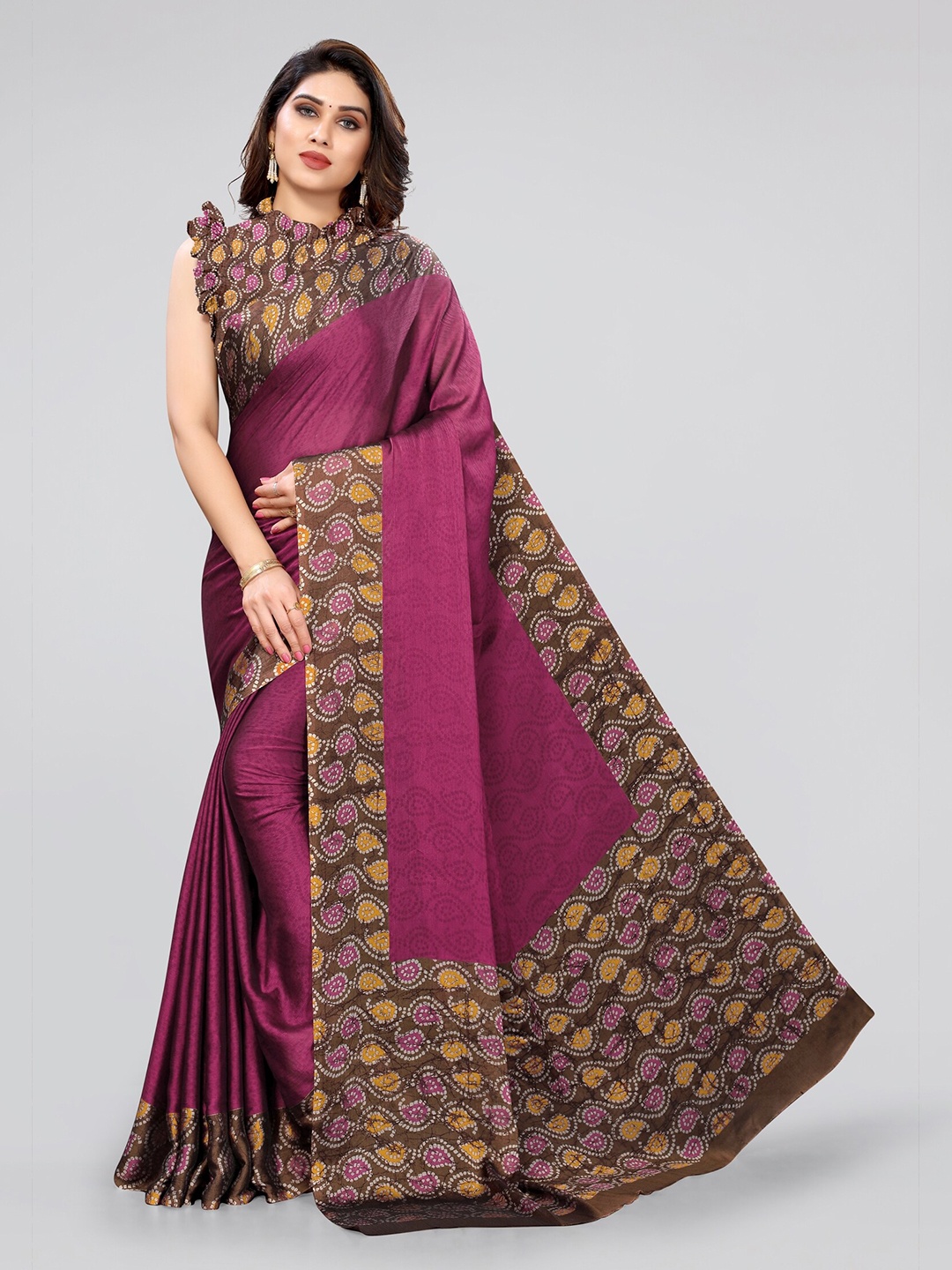 

KALINI Pink & Mustard Paisley Bandhani Saree