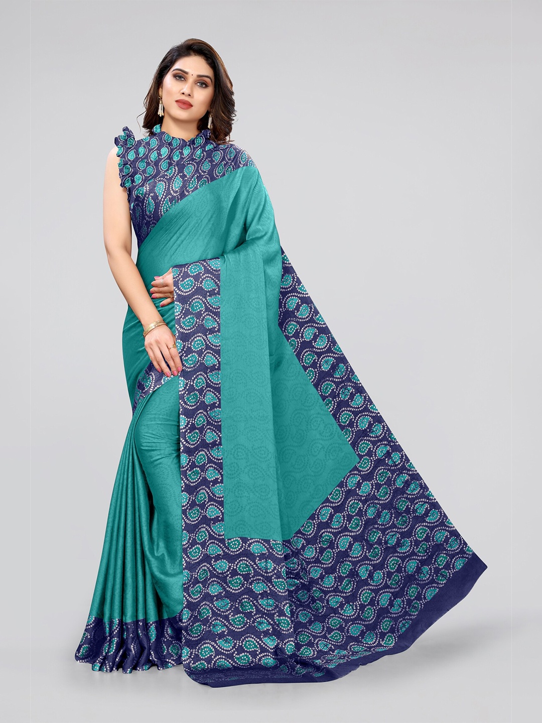 

KALINI Teal & Blue Paisley Printed Saree