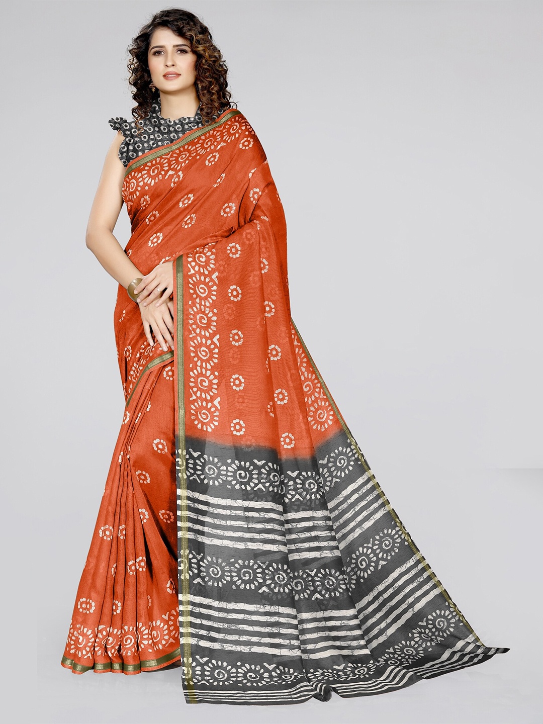 

KALINI Orange & Grey Batik Zari Block Print Cotton Saree
