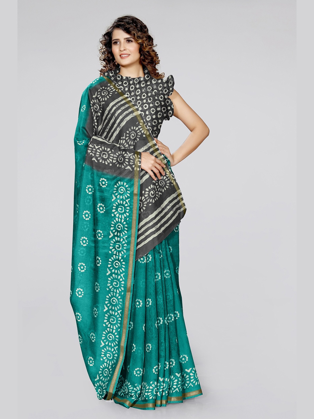 

KALINI Teal & Grey Batik Zari Block Print Saree