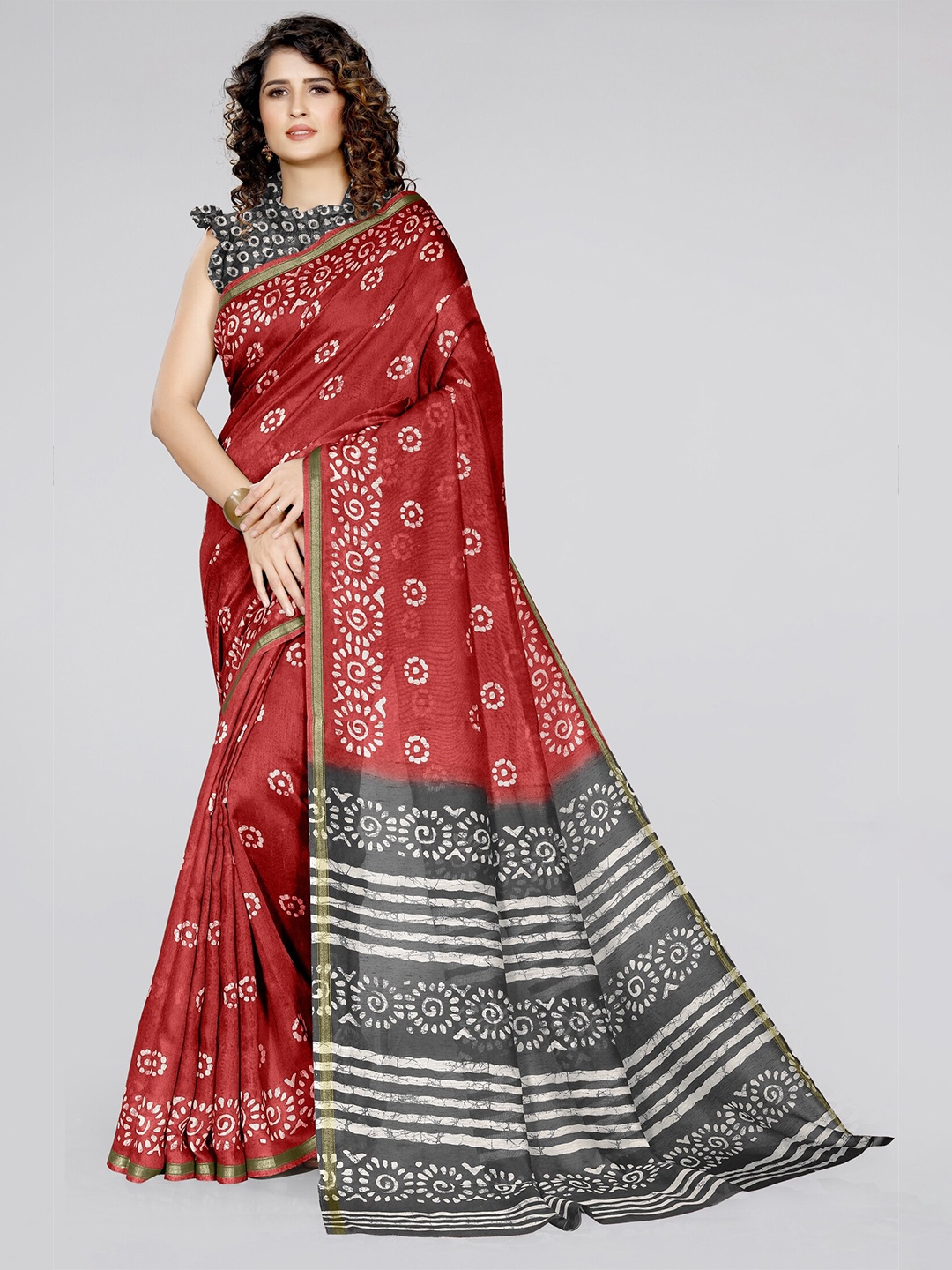 

KALINI Red & Grey Batik Zari Block Print Cotton Saree