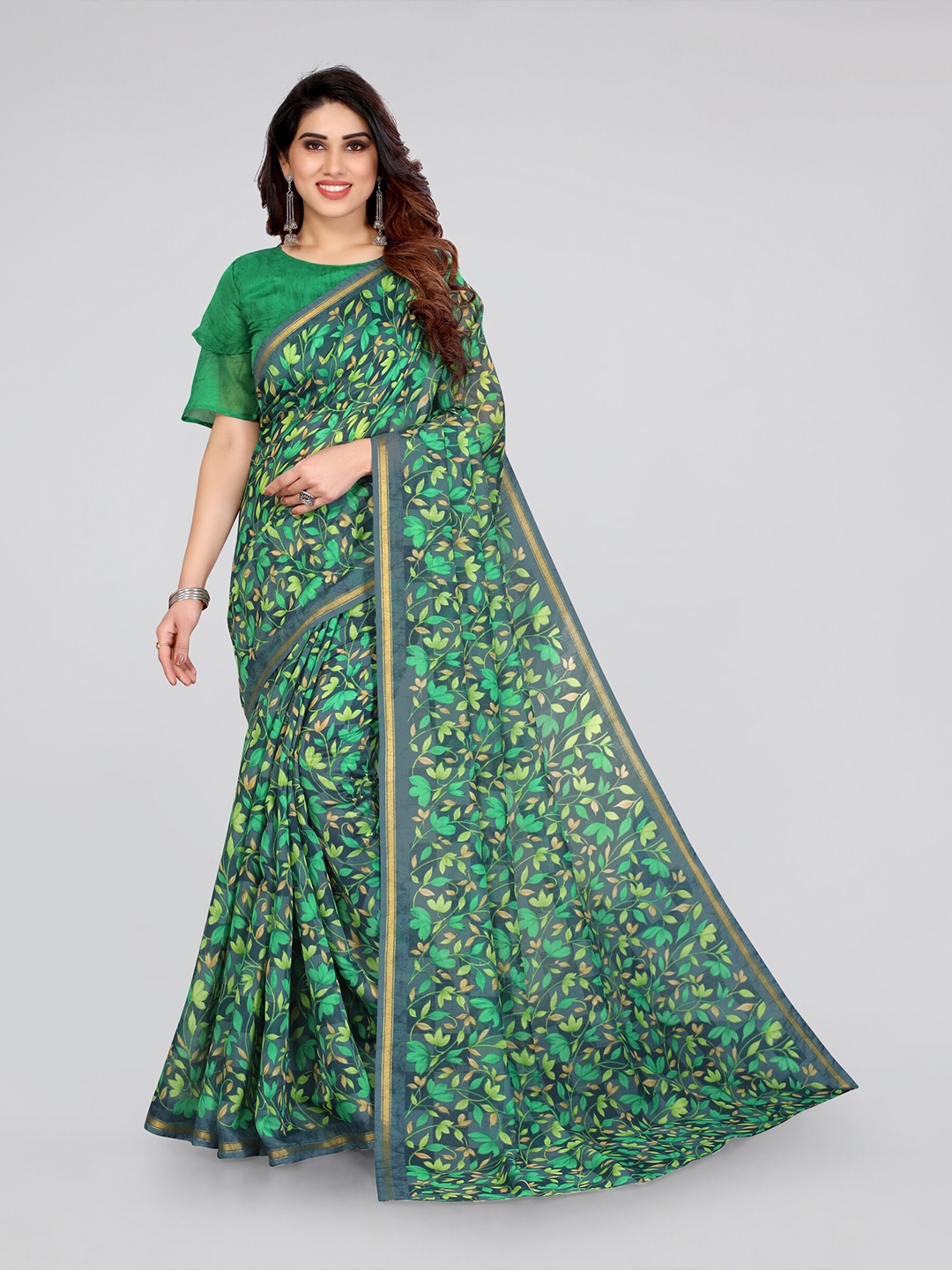 

KALINI Grey & Green Floral Zari Bagh Saree