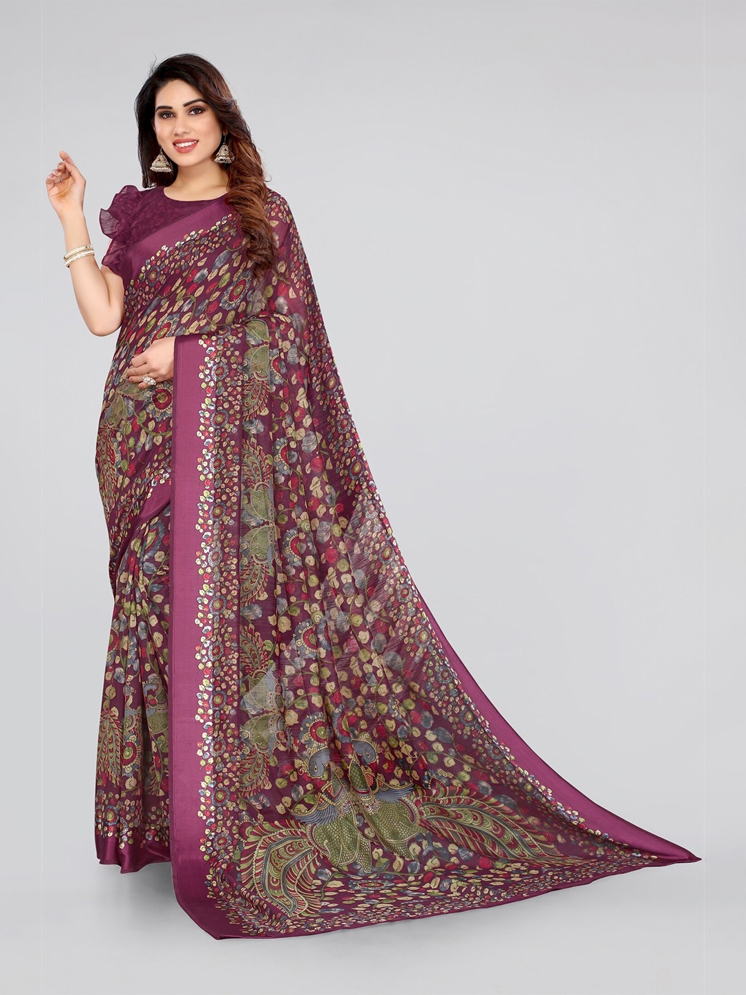 

KALINI Purple & Green Floral Printed Cotton Bagh Saree