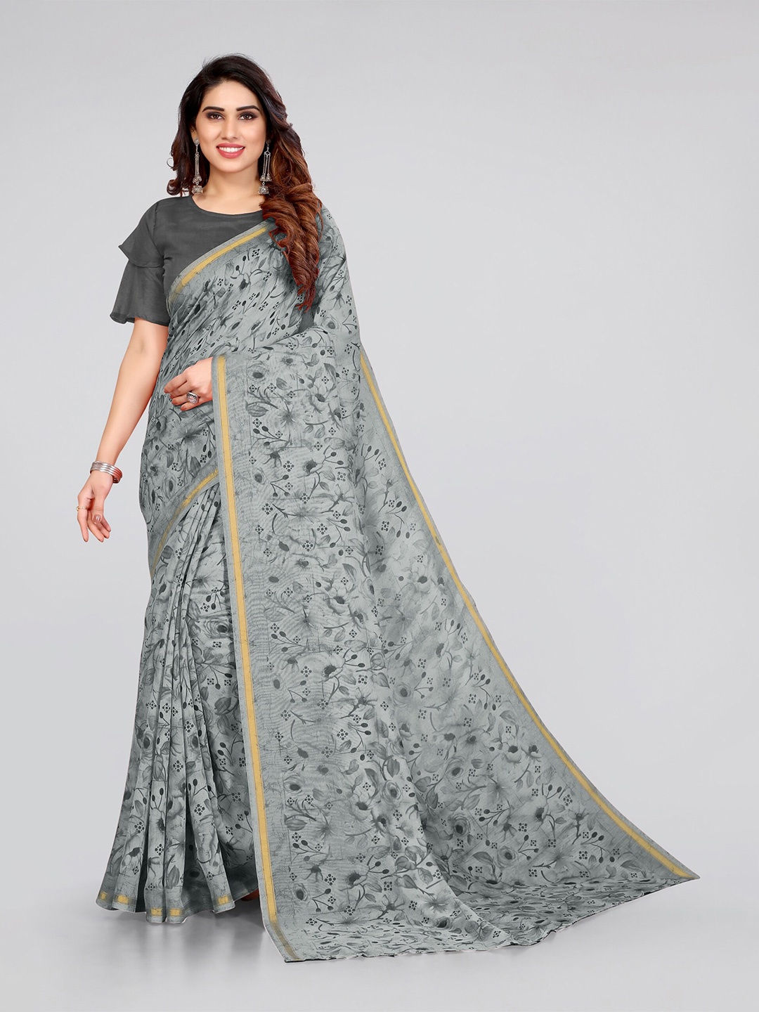 

KALINI Grey Floral Bagh Cotton Saree