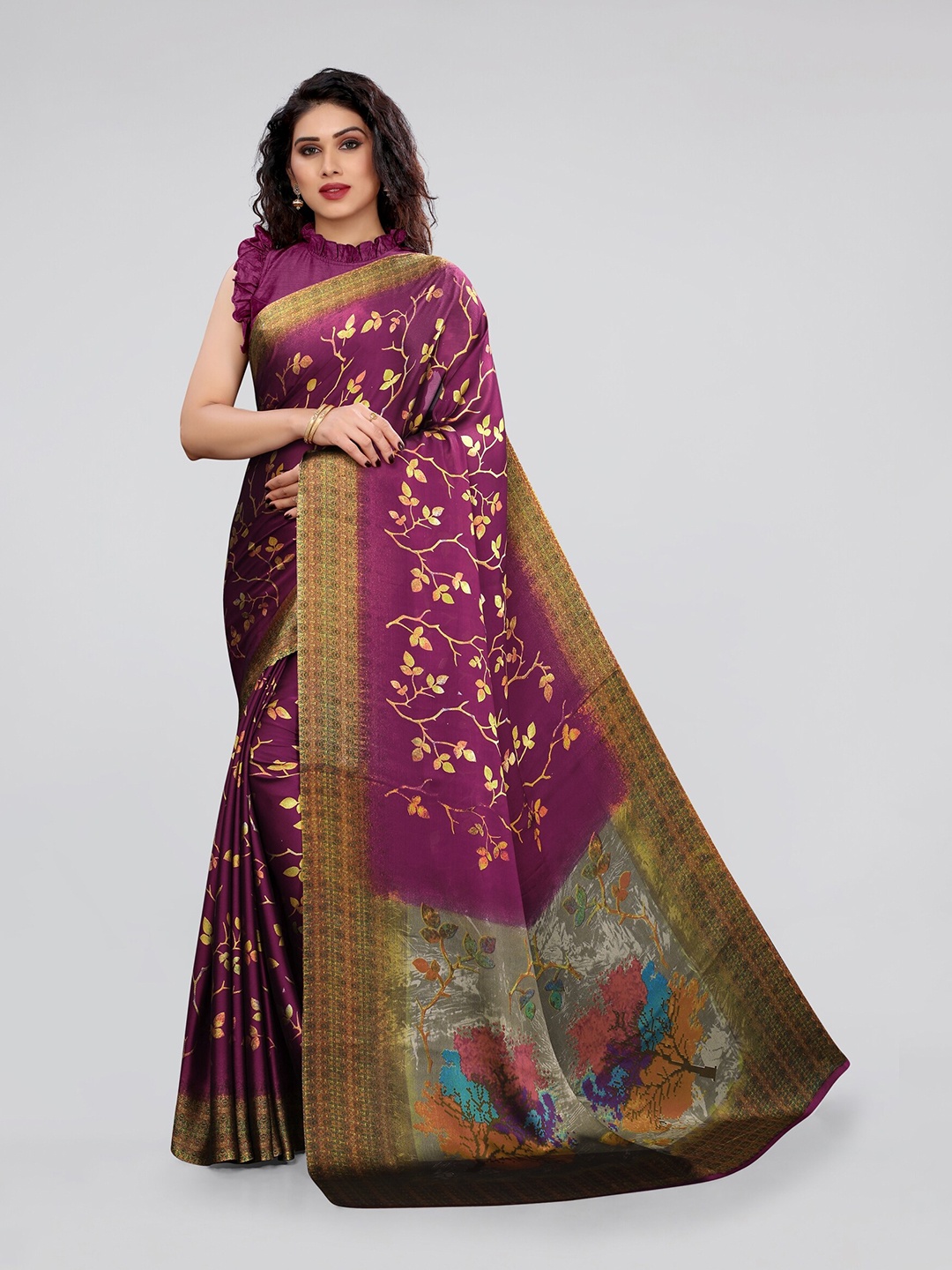 

KALINI Pink Floral Printed Poly Chiffon Bagh Saree