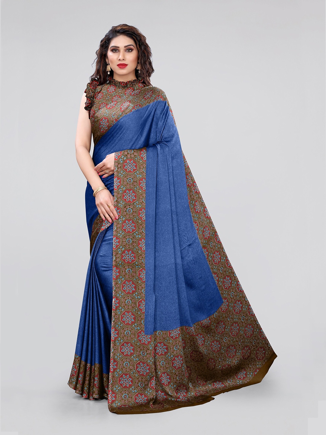 

KALINI Blue & Red Block Printed Saree
