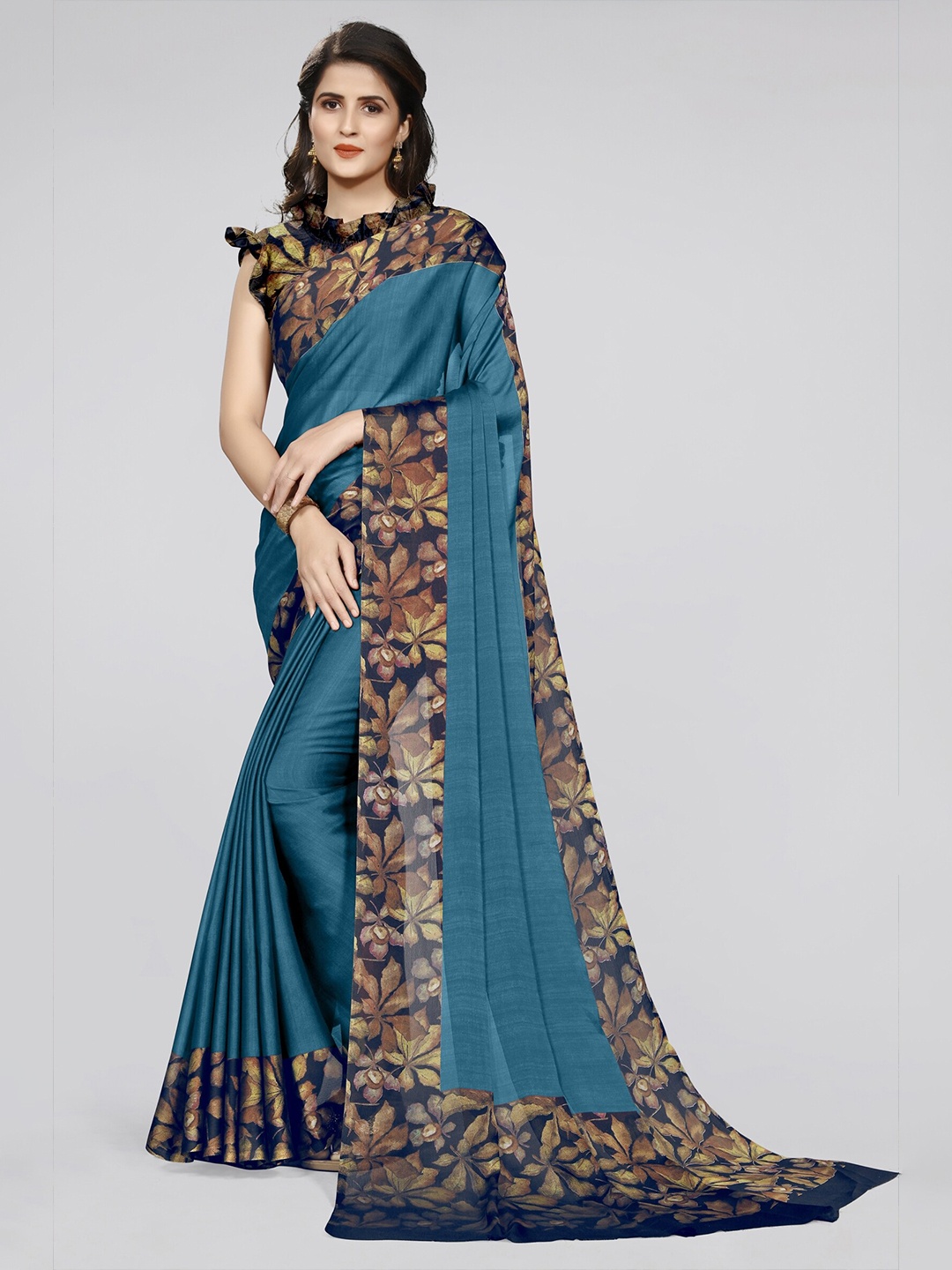 

KALINI Turquoise Blue & Brown Floral Printed Saree