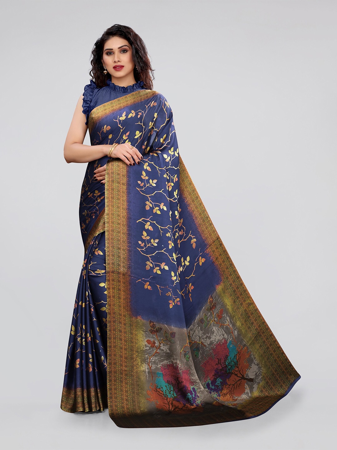 

KALINI Navy Blue & Yellow Floral Bagh Chiffon Saree