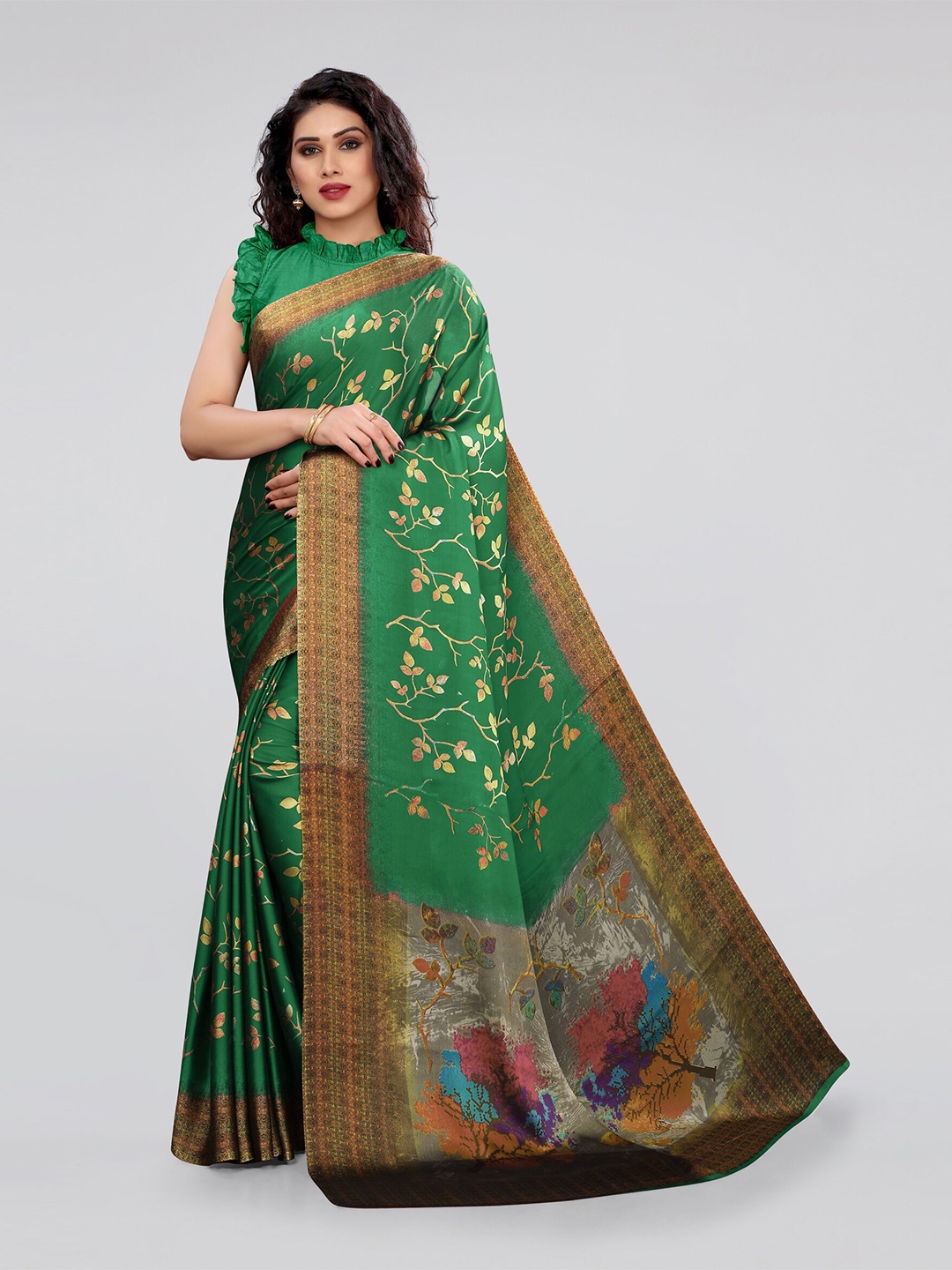 

KALINI Green & Gold-Toned Floral Bagh Saree