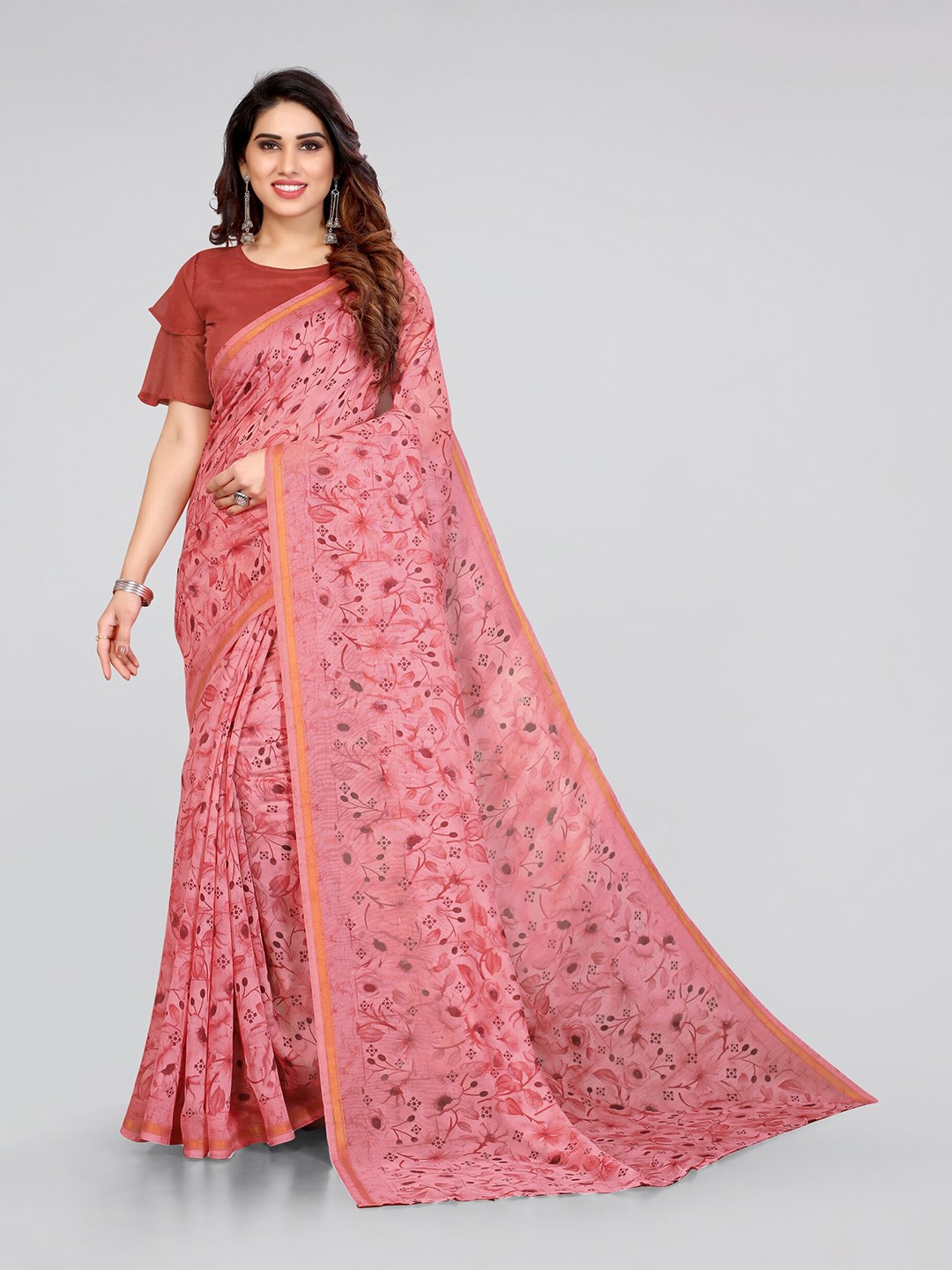 

KALINI Pink & Gold-Toned Floral Printed Polycotton Bagh Saree