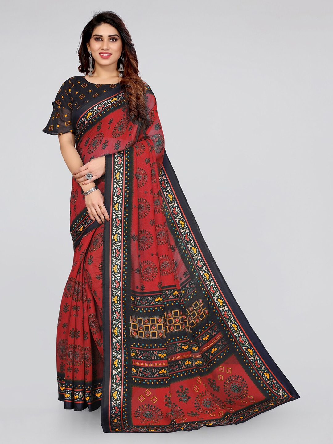 

KALINI Red & Black Floral Block Printed Saree