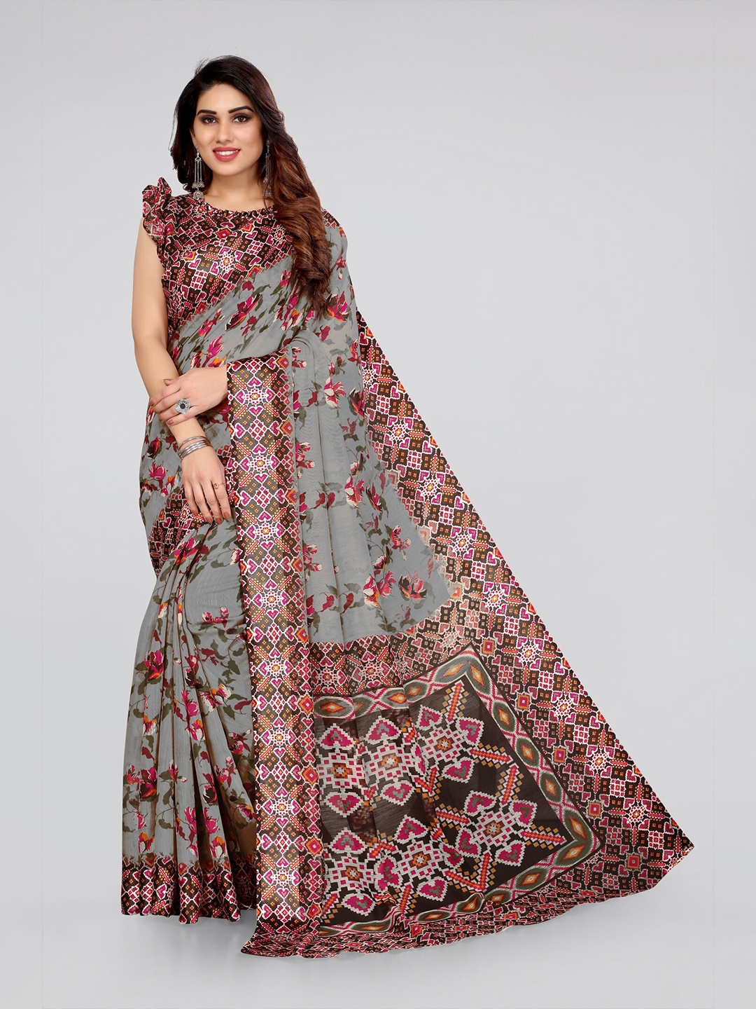 

KALINI Grey & Pink Floral Bagh Cotton Saree