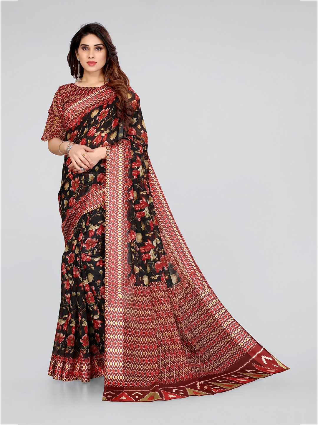 

KALINI Black & Red Floral Bagh Saree