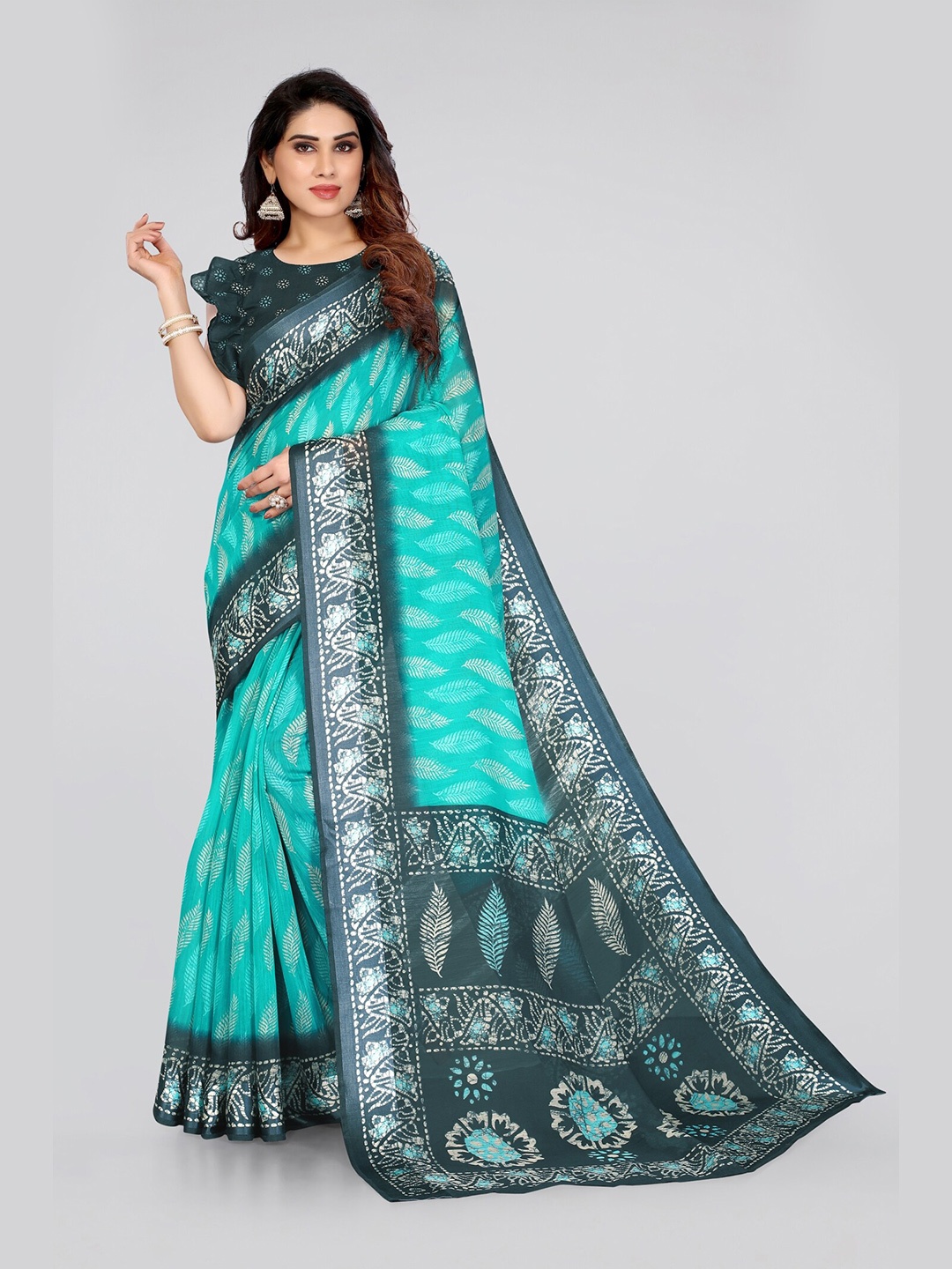 

KALINI Teal & Grey Floral Printed Polycotton Block Print Saree