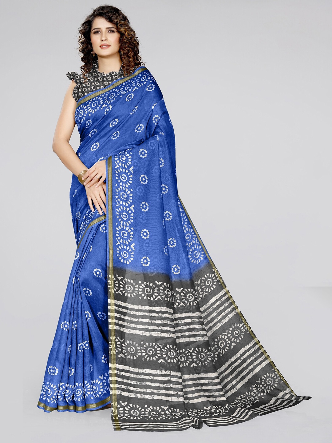

KALINI Blue & Grey Batik Zari Block Print Cotton Saree