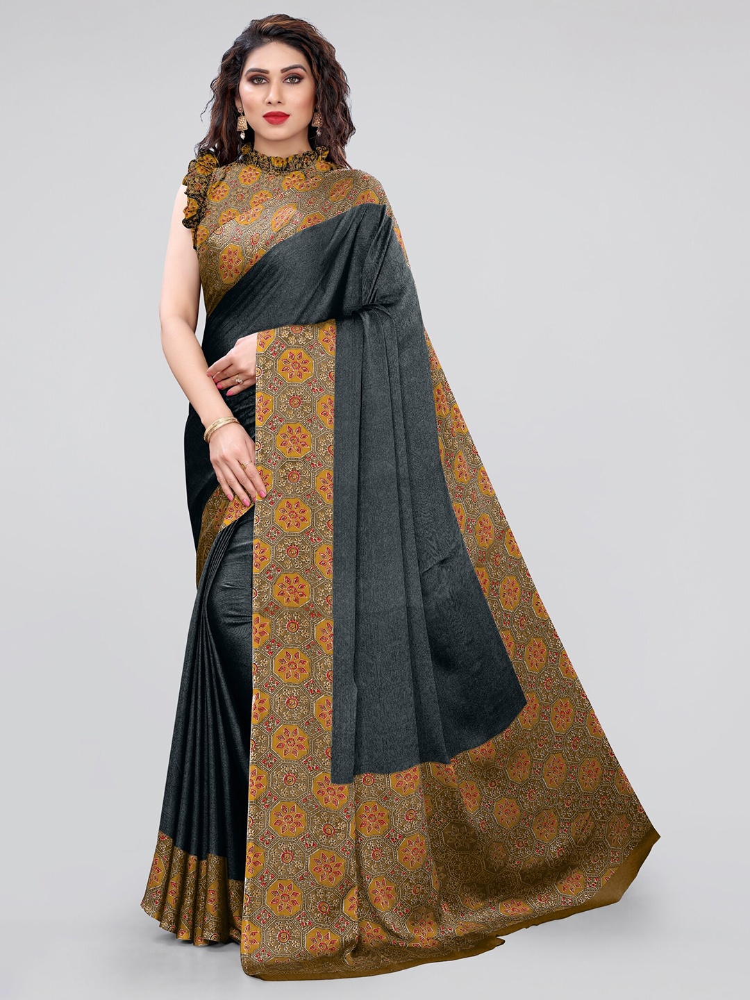 

KALINI Black & Mustard Floral Printed Poly Chiffon Block Print Saree