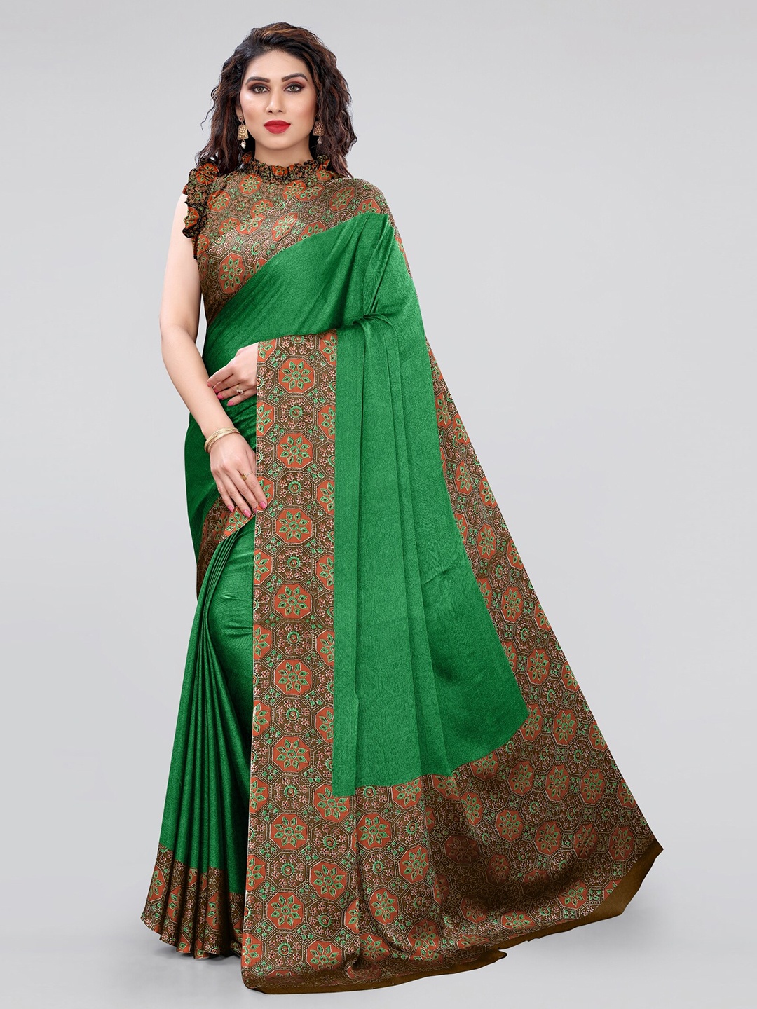 

KALINI Green & Brown Block Print Chiffon Saree