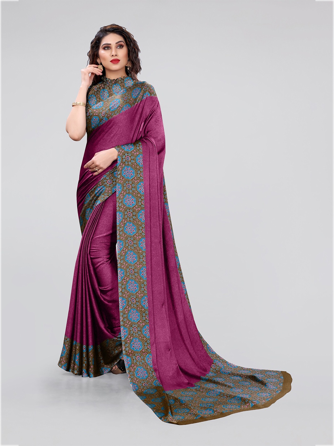 

KALINI Pink & Blue Ethnic Motifs Block Print Chiffon Saree