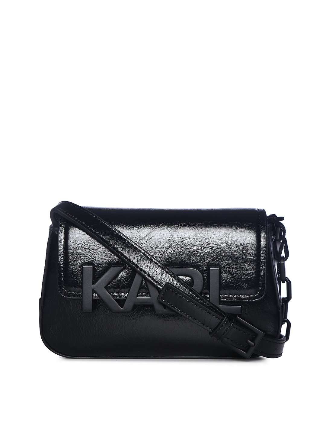 

LAGERFELD Black Leather Structured Sling Bag with Applique