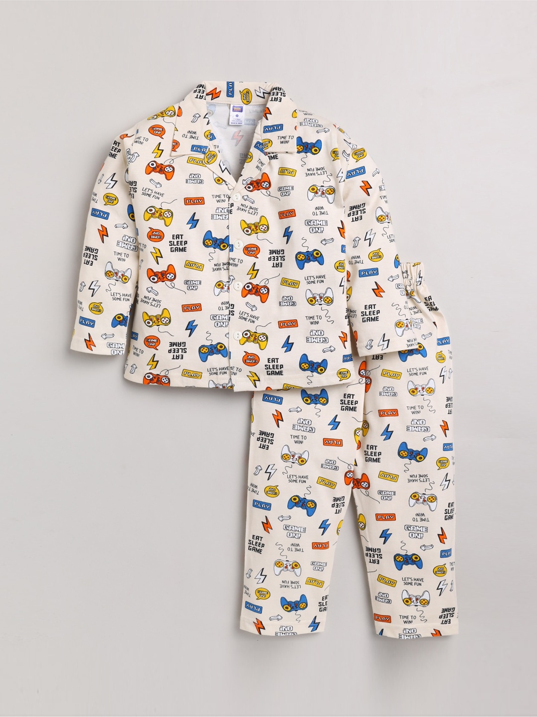 

Nottie Planet Unisex Kids Cream-Coloured & Blue Printed Pure Cotton Night suit