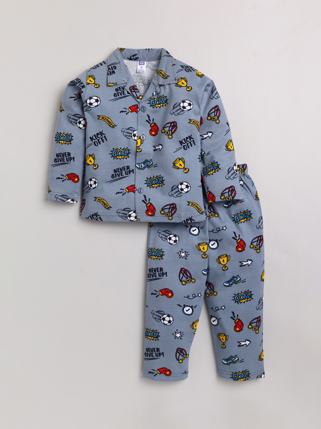 

Nottie Planet Unisex Kids Grey & Yellow Printed Pure Cotton Night suit