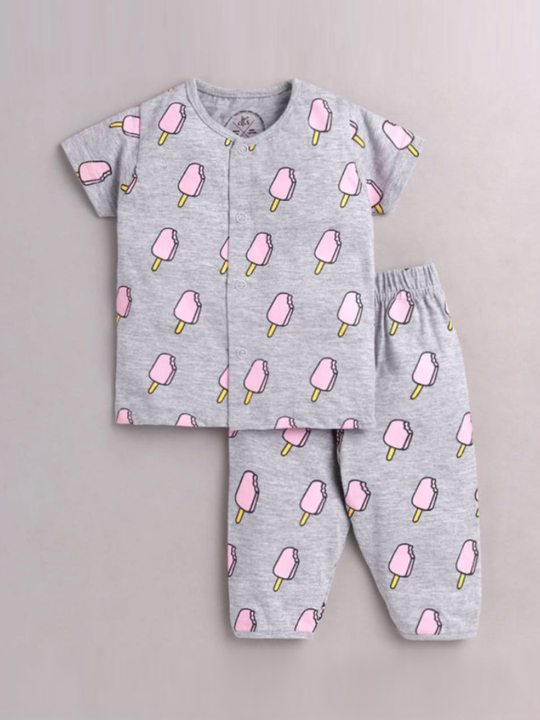 

Clt s Unisex Kids Grey & Pink Printed Pure Cotton Night suit