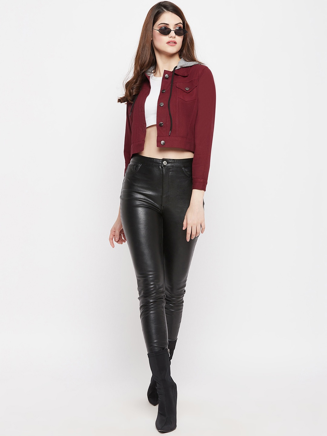 

Uptownie Lite Women Maroon & Grey Crop Hooded Denim Jacket