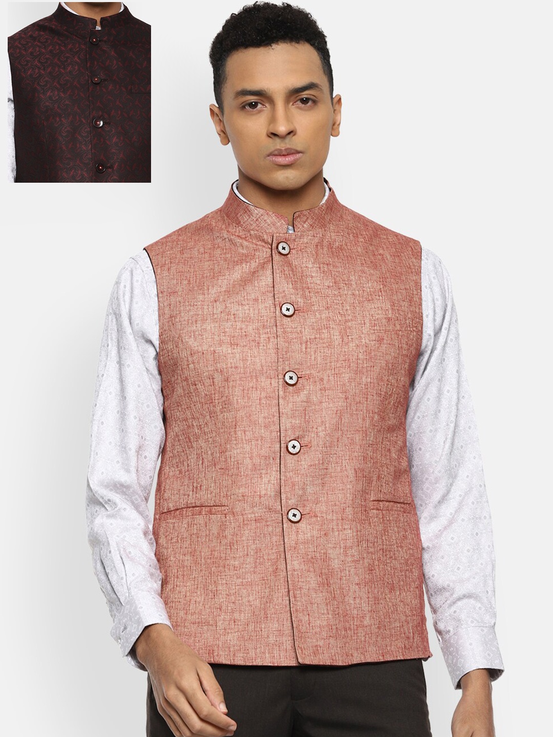 

Van Heusen Men Pink Woven Design Reversible Waistcoat