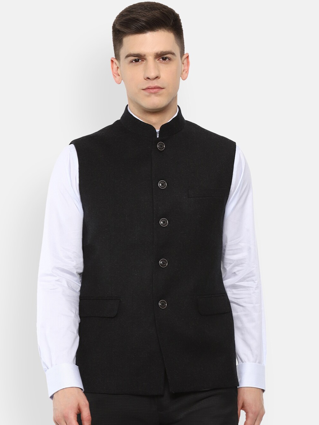 

Van Heusen Men Black Solid Bandhgala Woolen Nehru Jacket