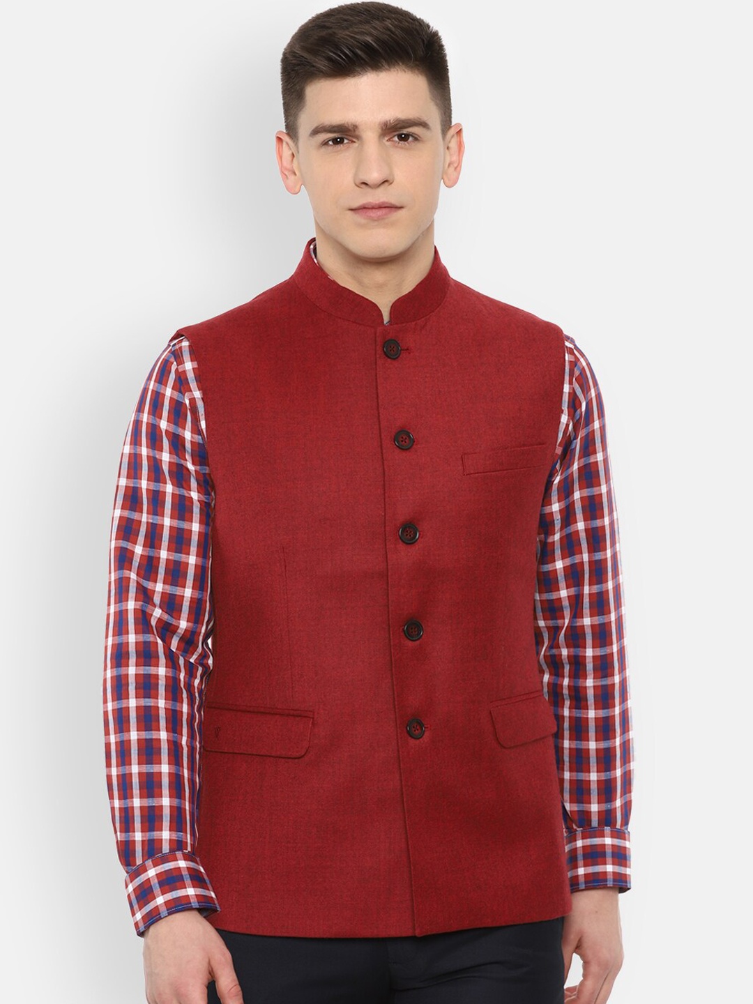 

Van Heusen Red Solid Nehru Jacket