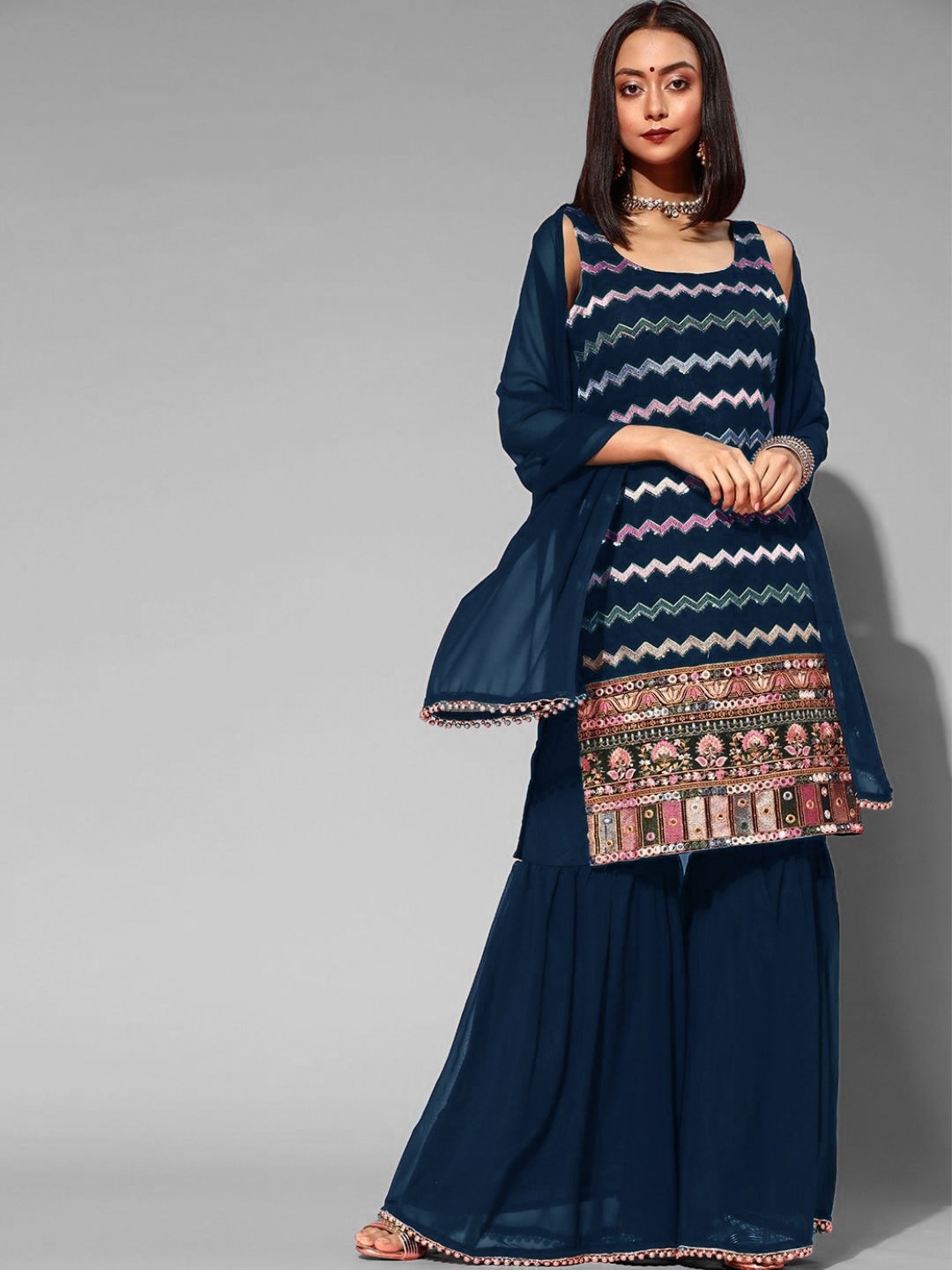 

Chhabra 555 Women Navy Blue Embroidered Kurti with Sharara & With Dupatta