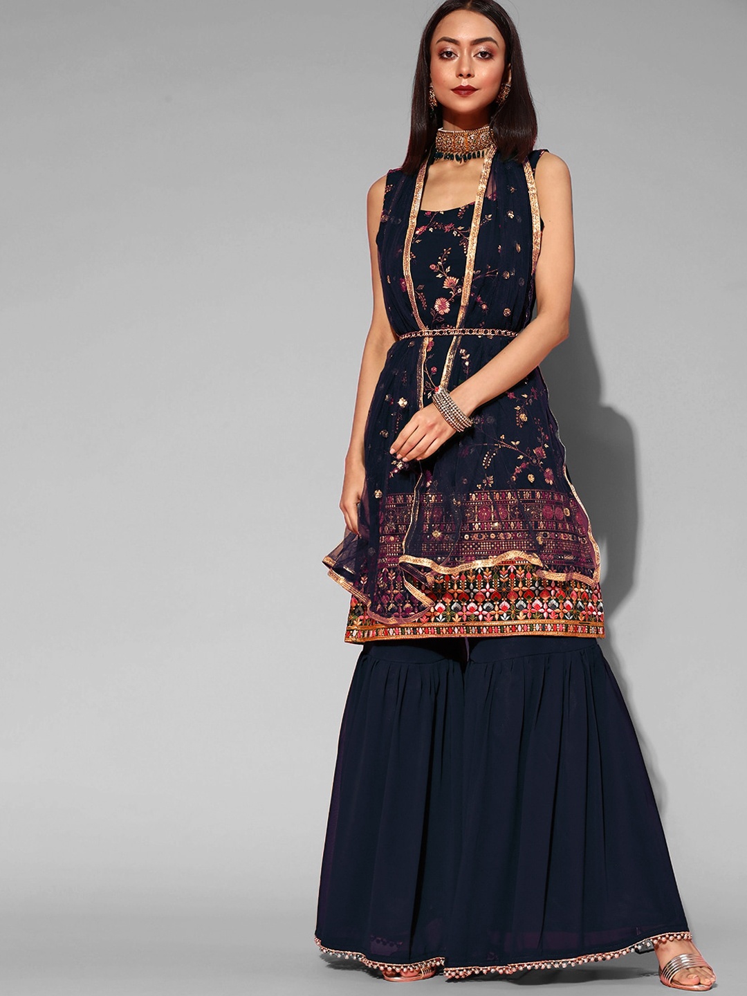 

Chhabra 555 Women Navy Blue & maroon Floral Embroidered Kurta With Sharara & Dupatta