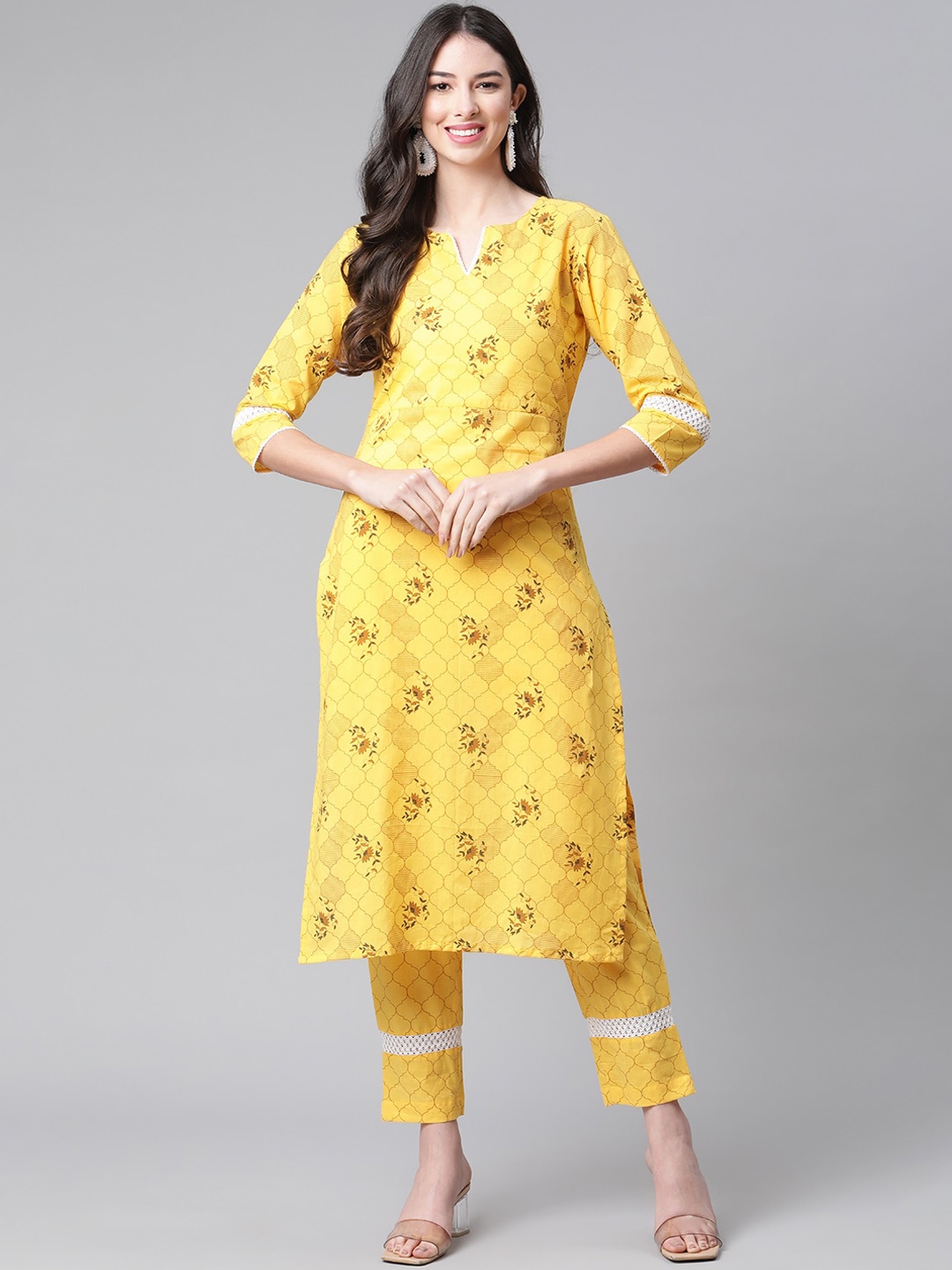 

Indibelle Women Yellow & Brown Floral Printed Pure Cotton Kurta with Trousers