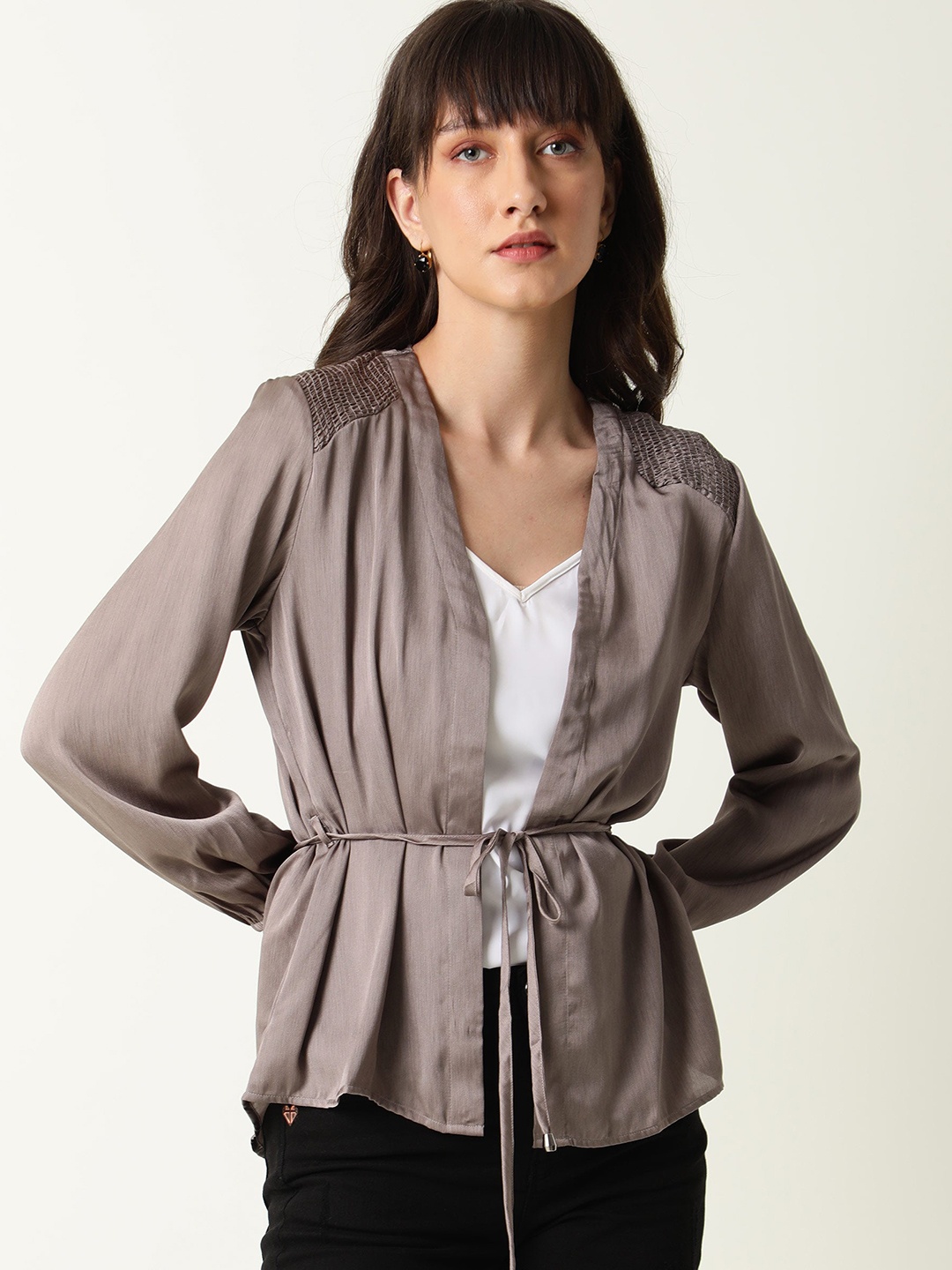 

RAREISM Women Beige Tie-Up Shrug