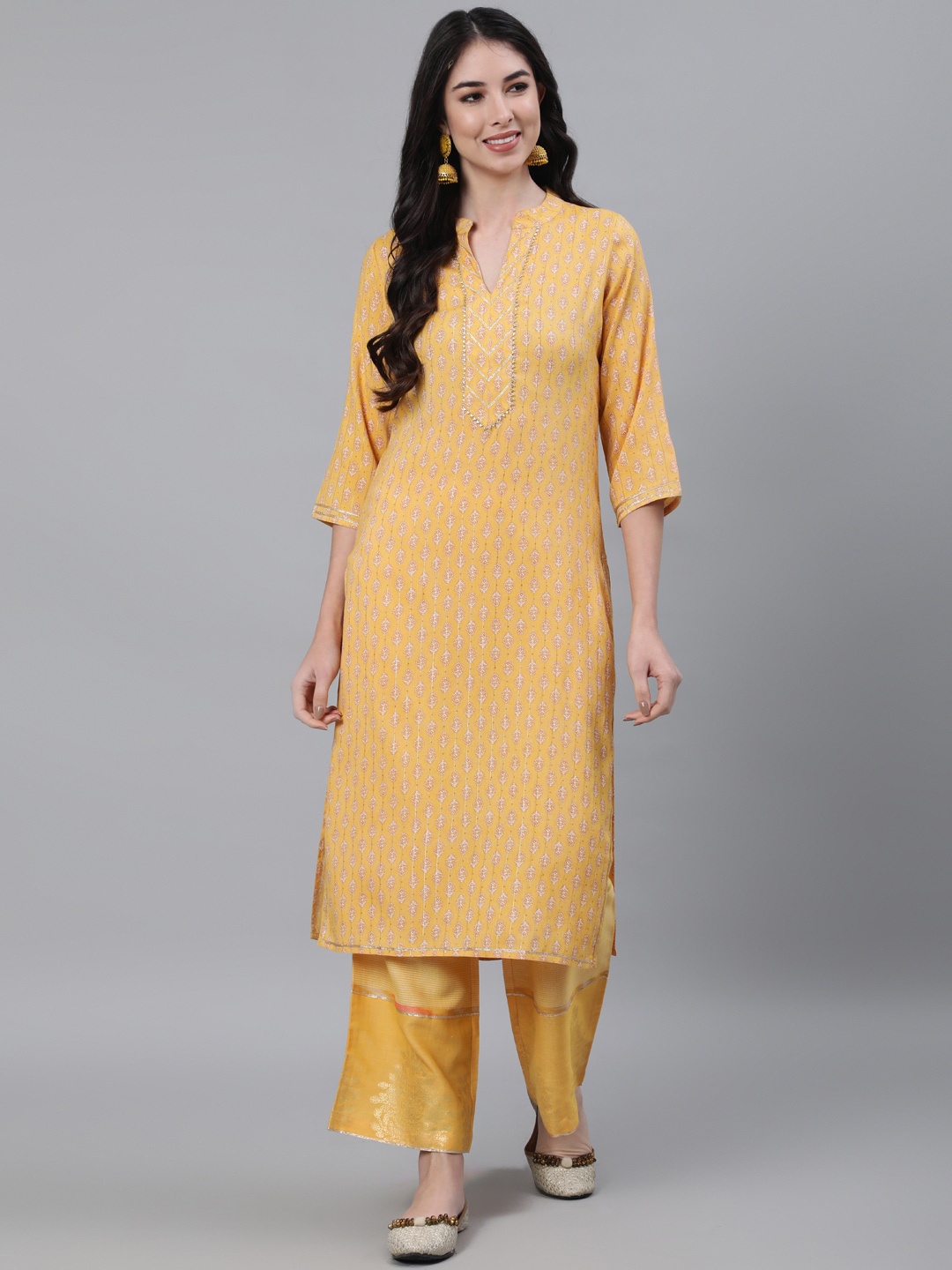 

Jaipur Kurti Women Mustard Yellow Ethnic Motifs Printed Gotta Patti Kurta with Palazzos