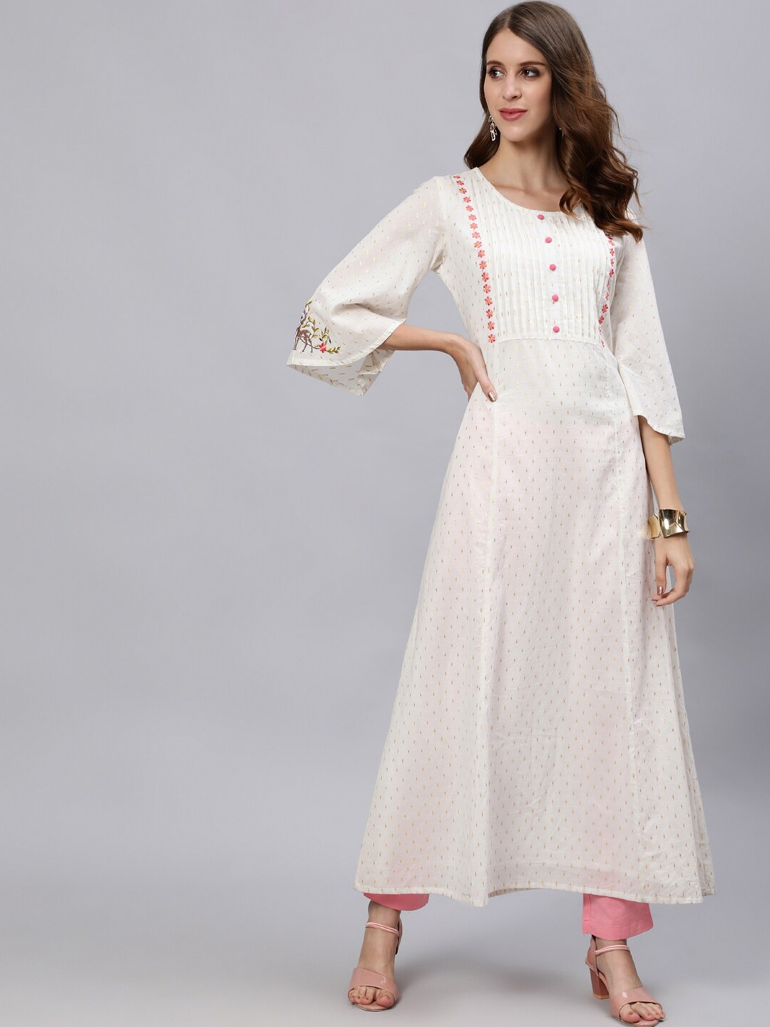 

Jaipur Kurti White Embroidered Ethnic A-Line Maxi Dress