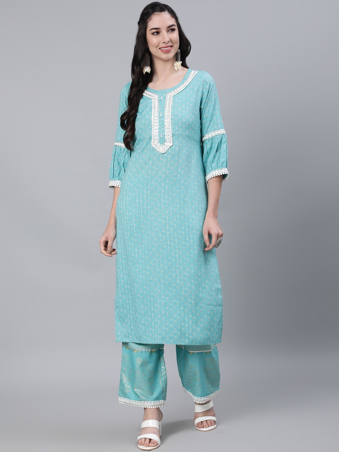 

Jaipur Kurti Women Blue Floral Printed Kurta with Palazzo