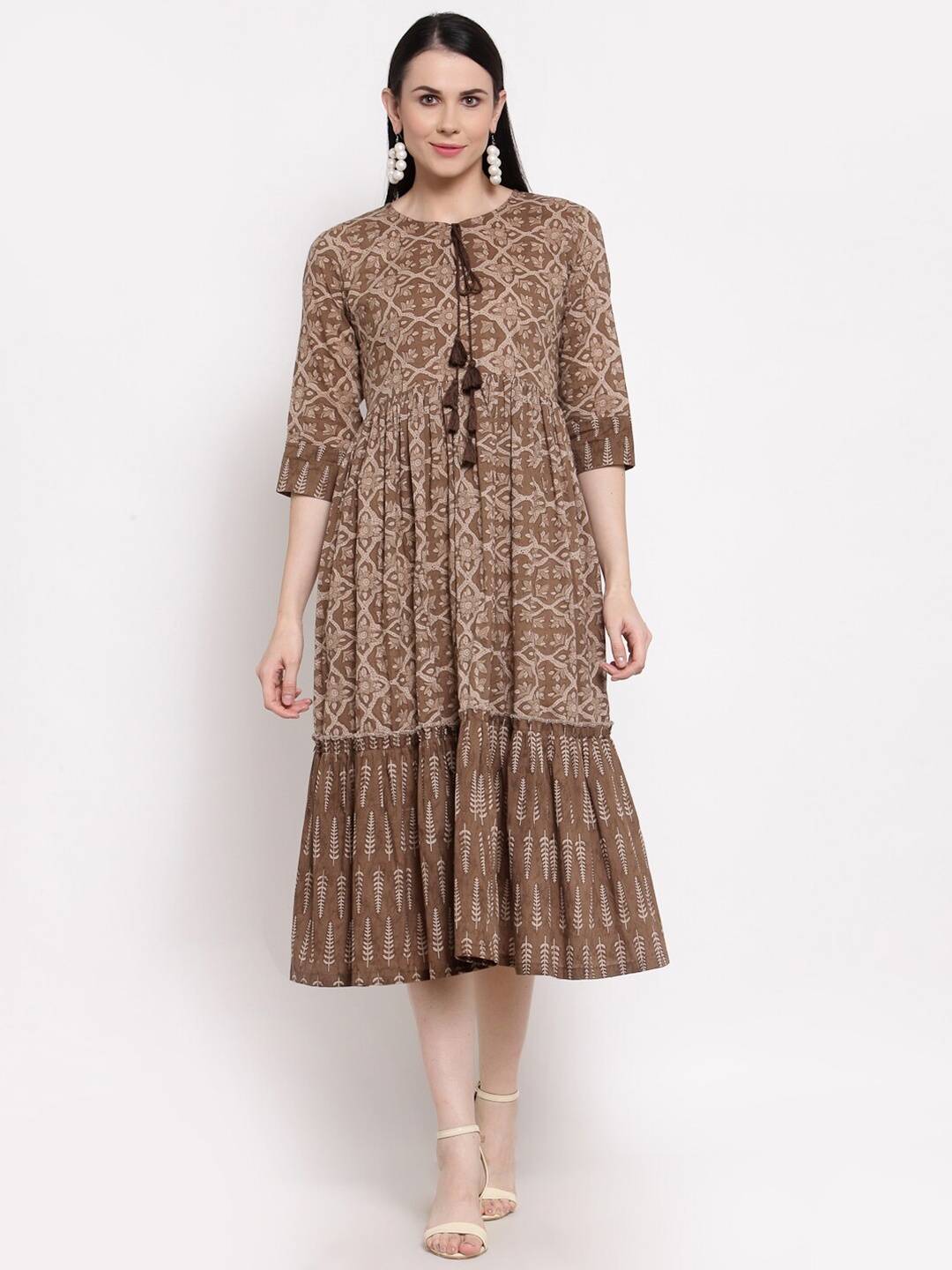 

Indibelle Brown Ethnic Motifs Tie-Up Neck Ethnic Midi Cotton Dress