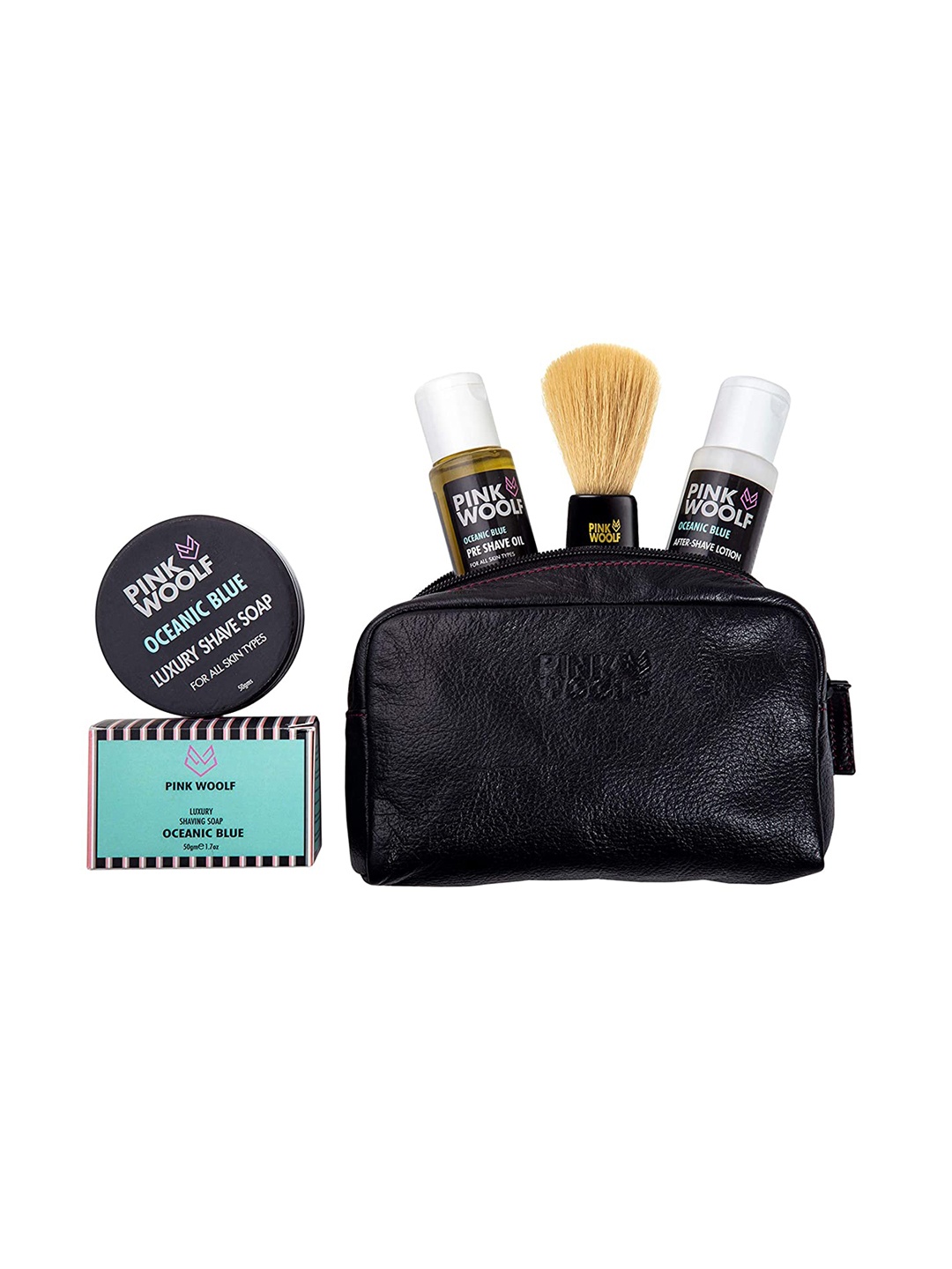 

PINK WOOLF Oceanic Blue Smooth Shaving Gift Kit with Leather Toiletry Bag, Multi