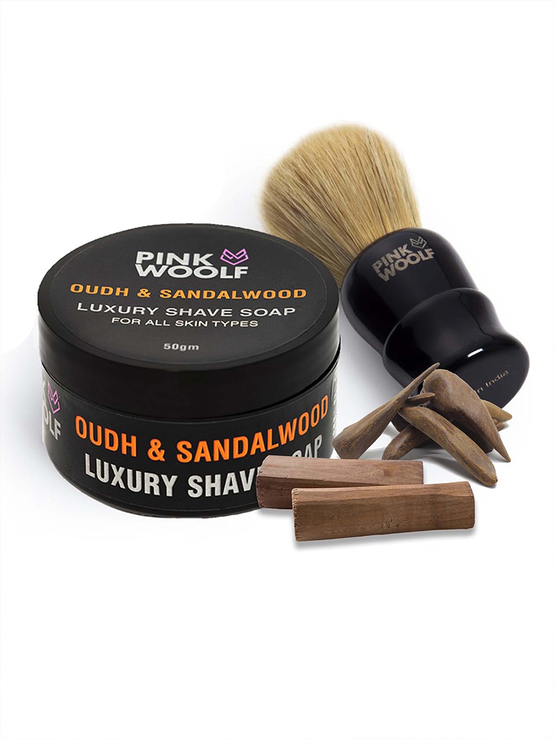 

PINK WOOLF Pack of Boar Hair Bristles Shaving Brush & Oudh-Sandalwood Luxury Shave Soap, Multi
