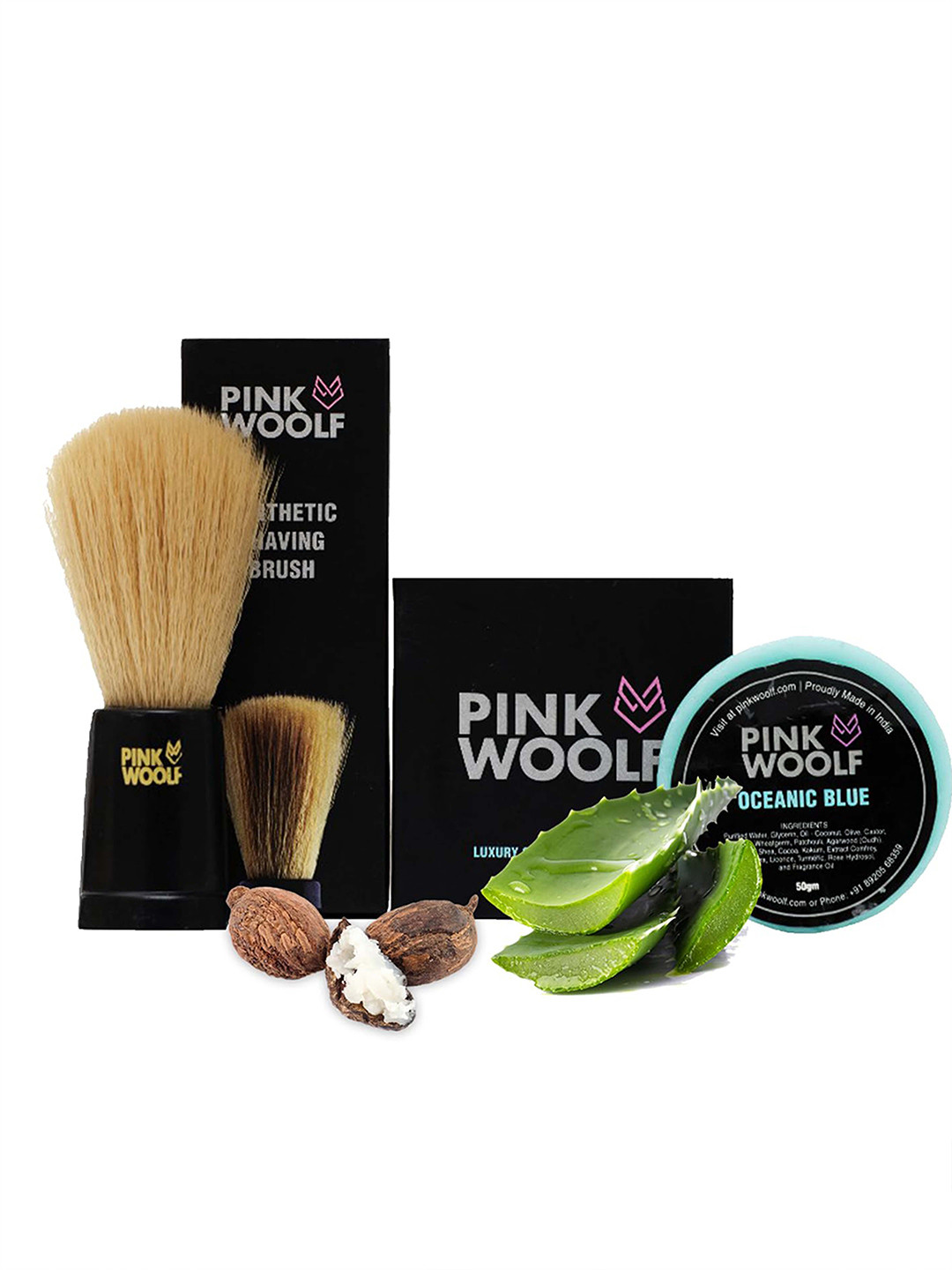 

PINK WOOLF Pack of Soft Bristles Shaving Brush & Oceanic Blue Shaving Soap, Multi