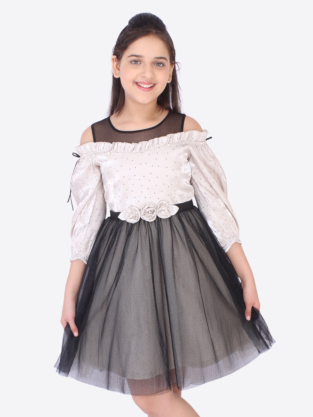 

CUTECUMBER Girls Cream-Coloured & Black Cold-Shoulder Satin Dress